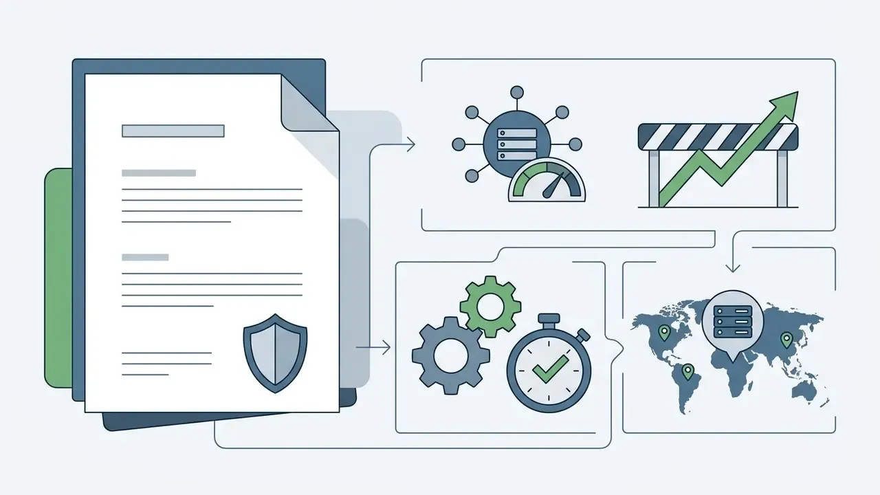 Contract document linked to server speed, rate limits, processing gears, and global data locations