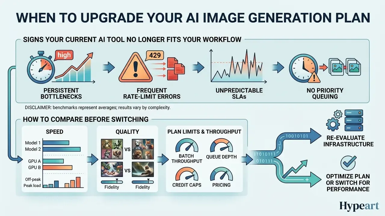 Visual guide identifying signs to upgrade AI image generation plans and criteria for comparing tools