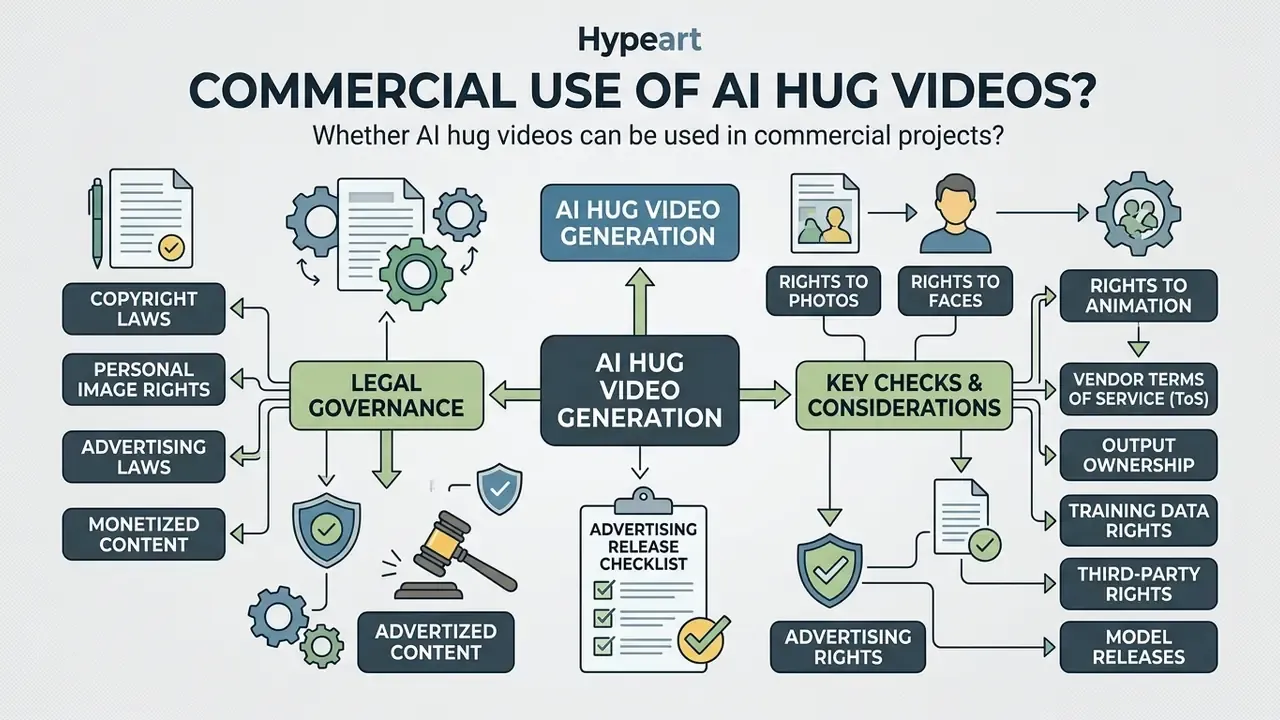 Diagram outlining legal requirements and key considerations for the commercial use of generated animations