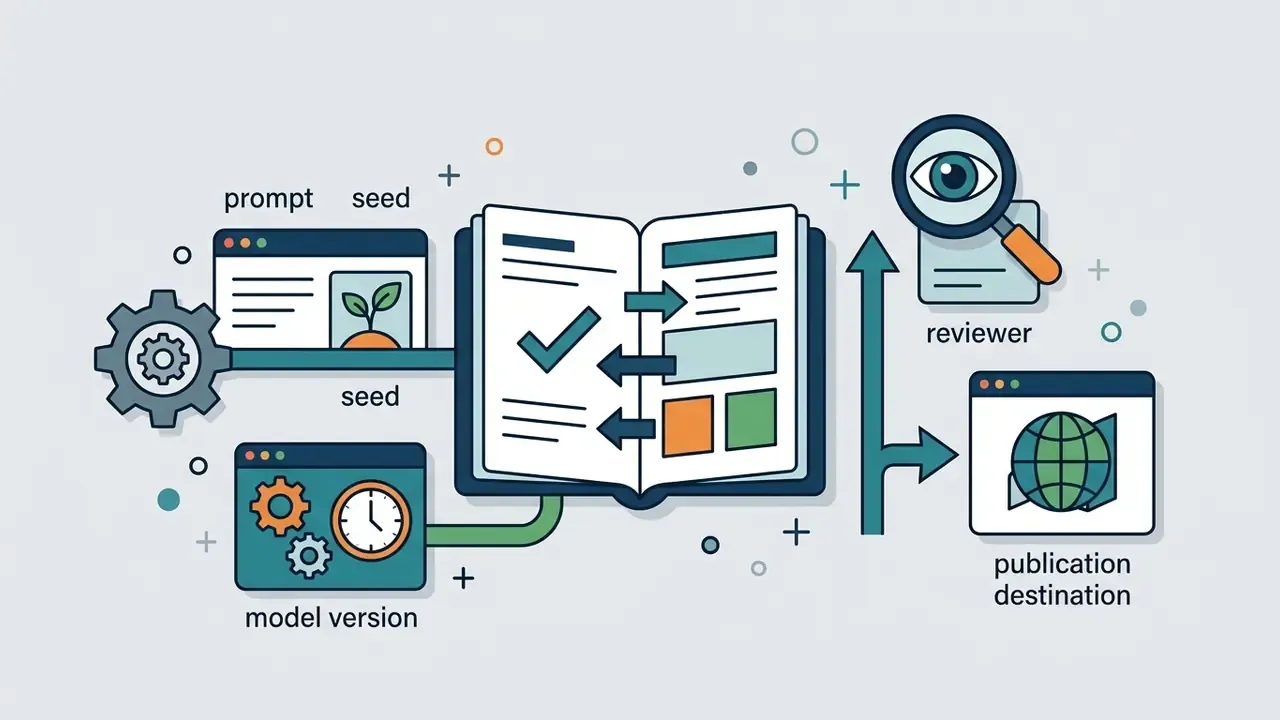 Prompt, seed, and model data feeding into a central register book for review and final publication