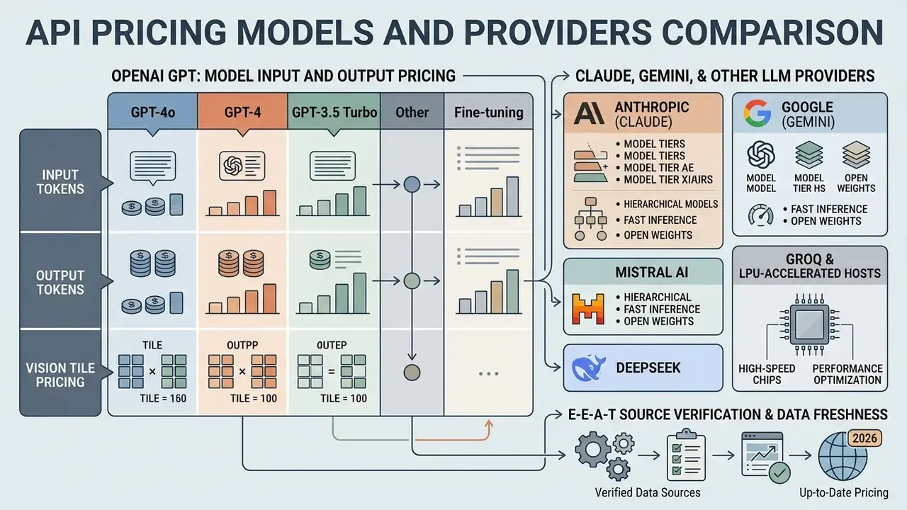 Comparison grid of OpenAI GPT pricing models alongside Anthropic, Google, Mistral AI, and Groq providers