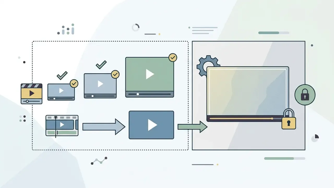 Series of video export resolutions with checkmarks leading to a locked 4K video editing project