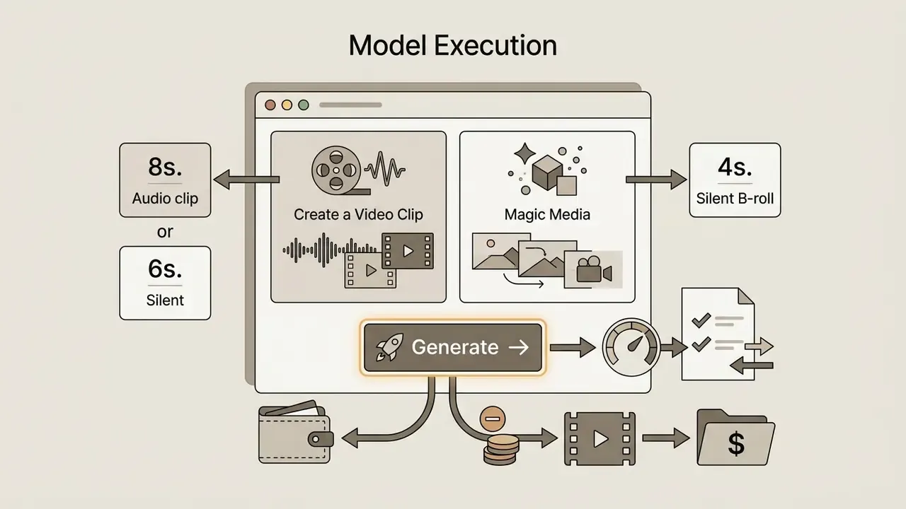 Diagram showing selection options for video clip generation, processing steps, and credit deduction