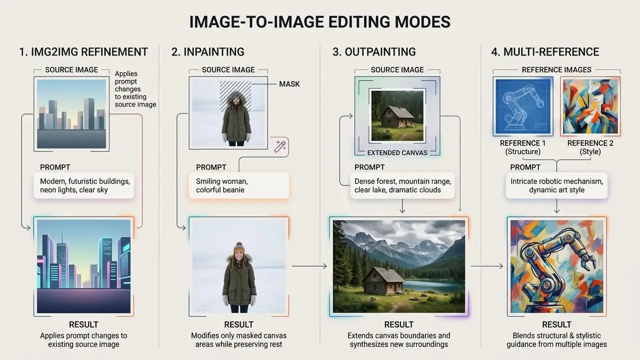 Four-step diagram illustrating refinement, inpainting, outpainting, and multi-reference editing techniques