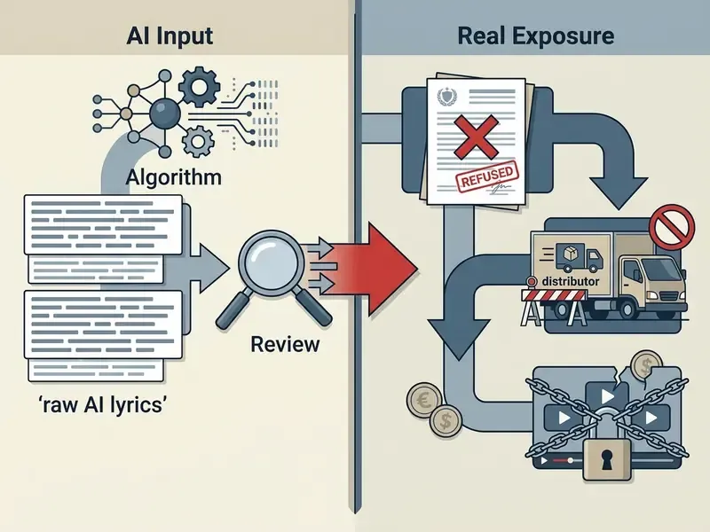 Diagram showing raw text processing leading to registration refusal and blocked distribution