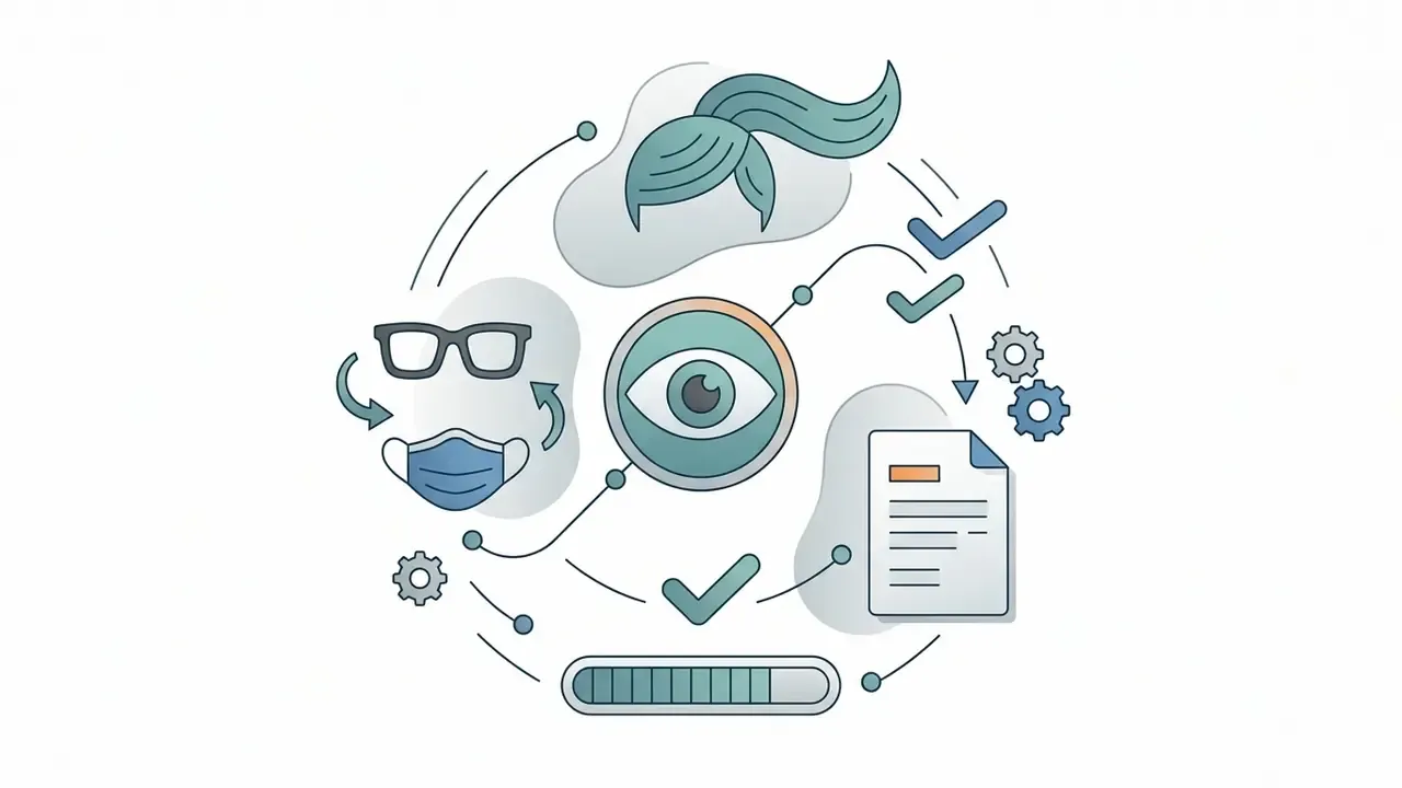 Circular arrangement of icons representing clear facial features, hair, glasses, masks, and a status bar