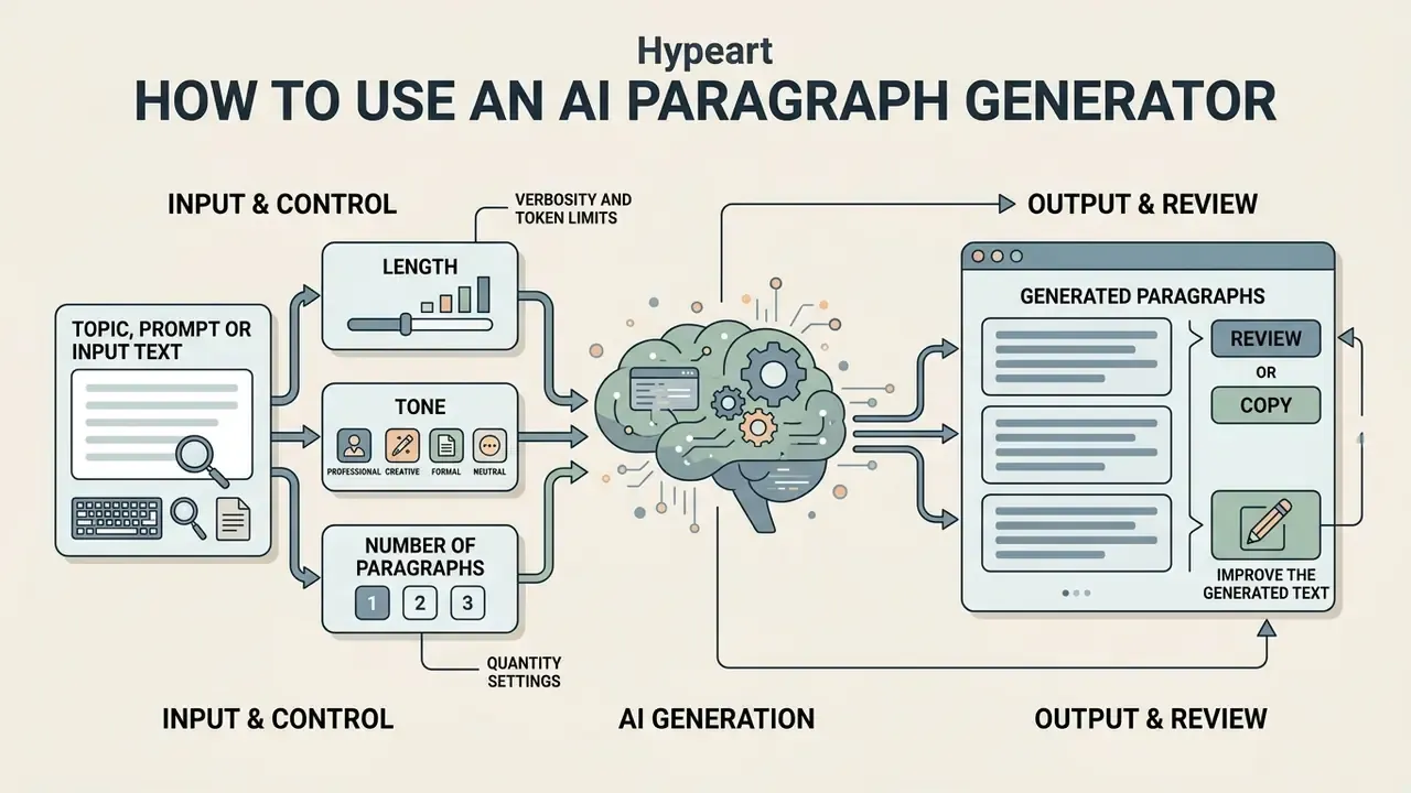Diagram showing input settings, an AI brain processing data, and the review of generated text
