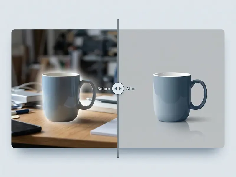 Interactive slider showing editing ai art to remove a messy desk background from a blue coffee mug
