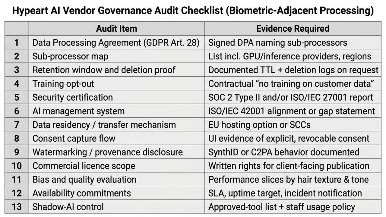 Table listing thirteen audit items for biometric processing and their corresponding evidence requirements