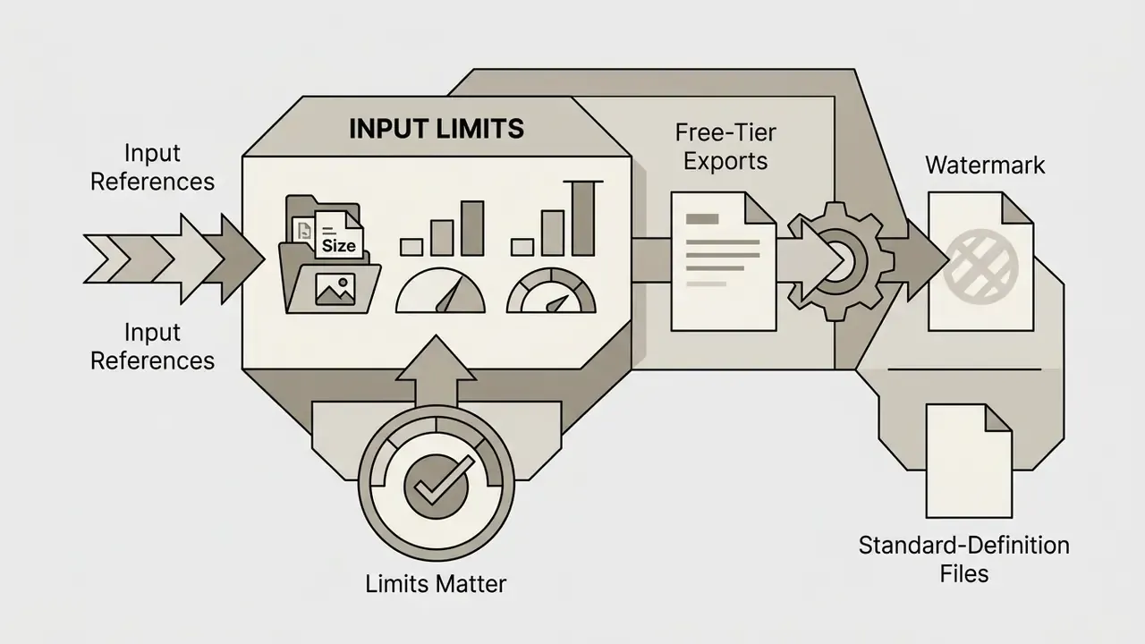 Diagram showing input file size constraints leading to watermarked standard-definition exports