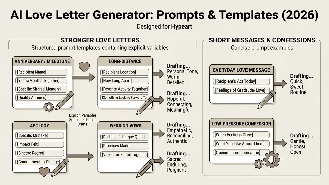 Structured prompt templates with variable fields for writing various romantic messages and letters