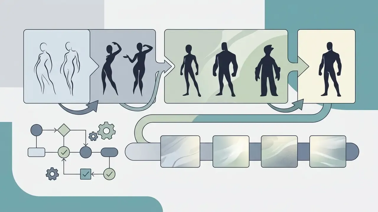 Sequence of character silhouettes evolving from sketches to refined forms alongside a technical workflow