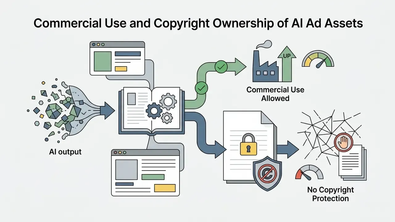 AI output feeding into gears and documents that split into paths for commercial use and copyright status
