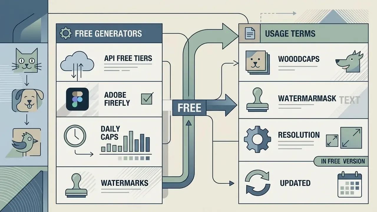 Comparison chart linking free AI generator features to their specific usage terms and limitations