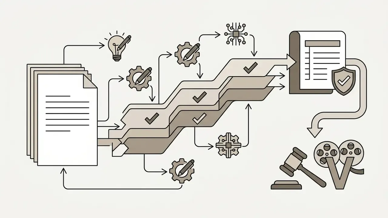 Stack of documents flowing through gears and processors toward a protected file, gavel, and film reels