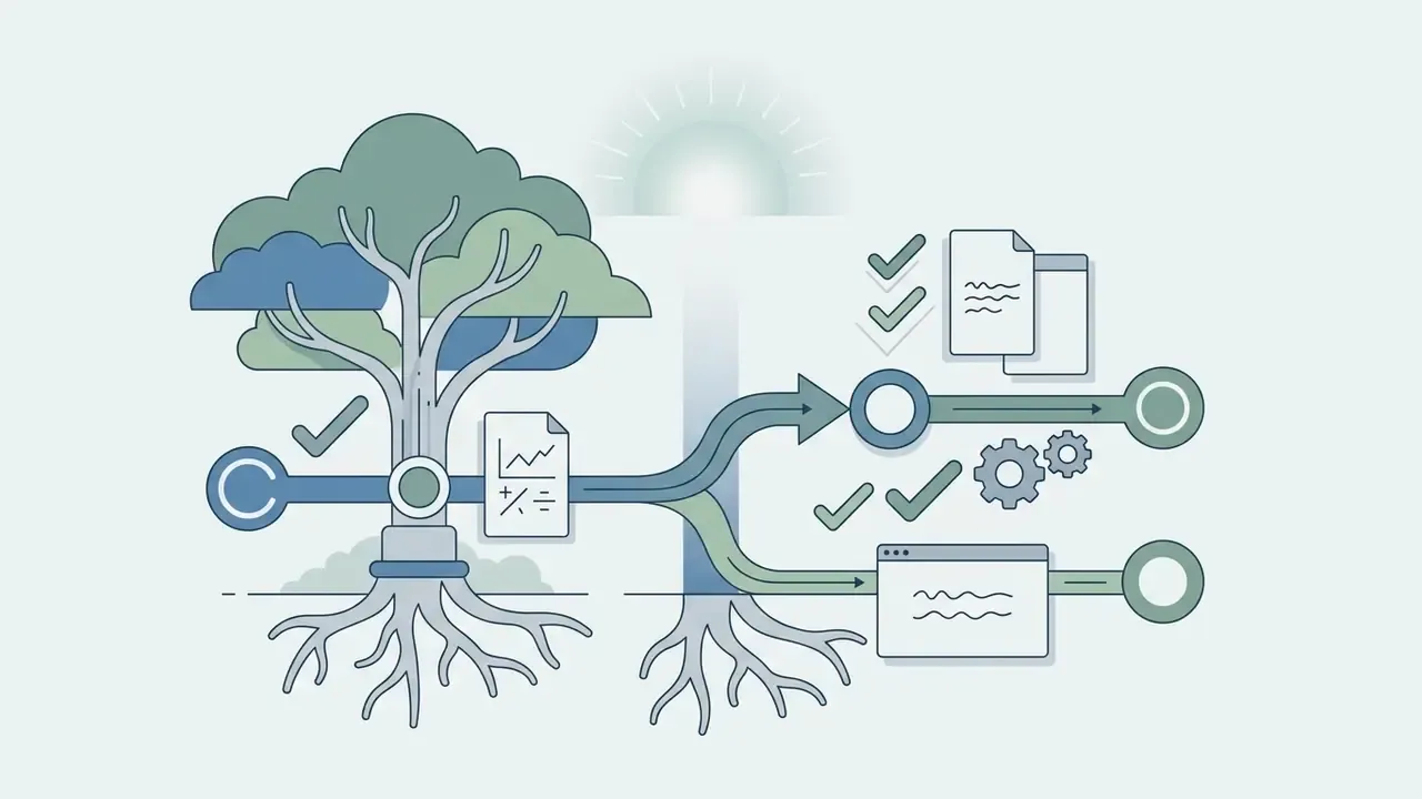 Tree with roots branching into data processing paths with document icons and checkmarks