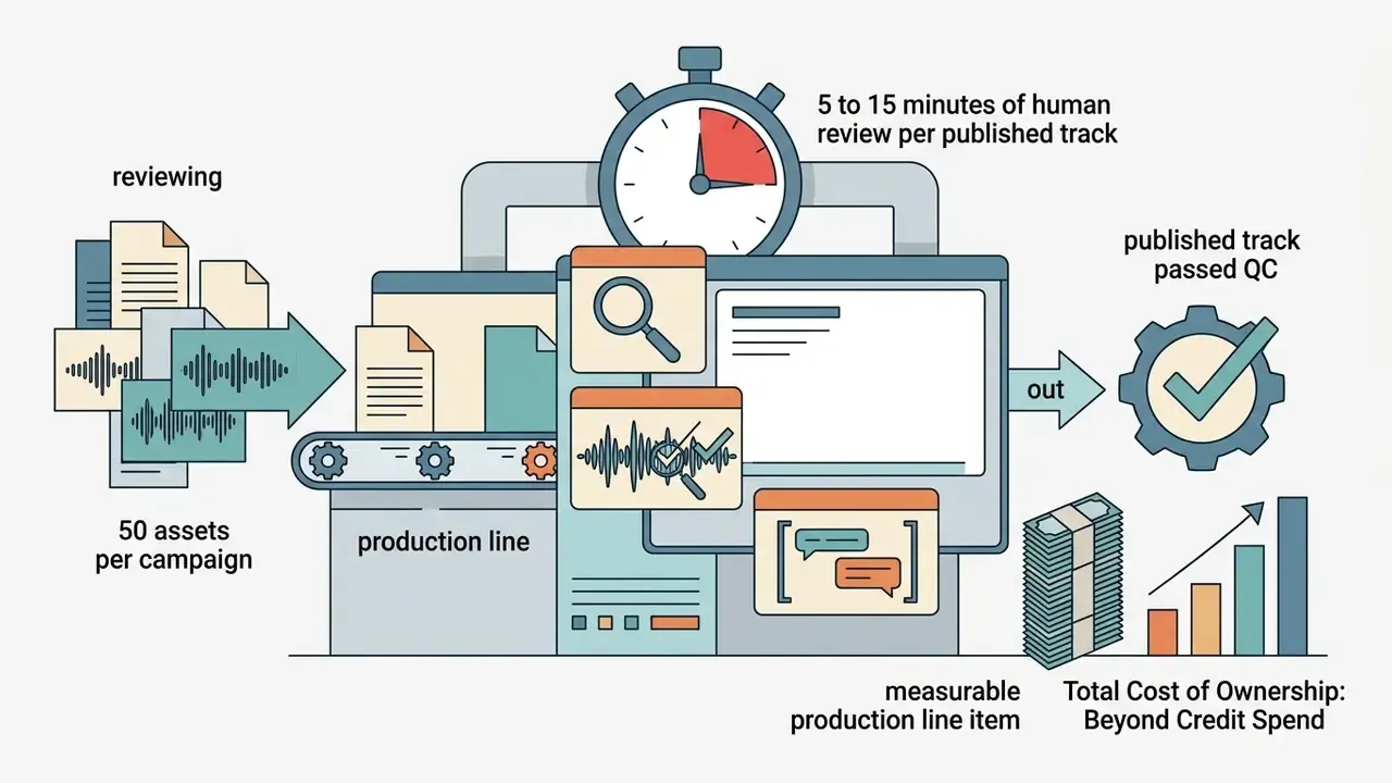 Audio assets moving along a production line for human review before becoming verified published tracks