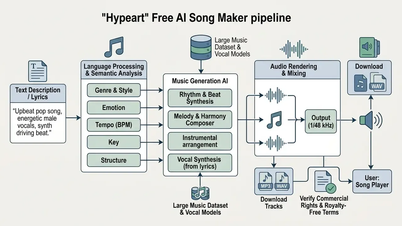 Flowchart detailing the technical stages of converting text prompts into finished audio files