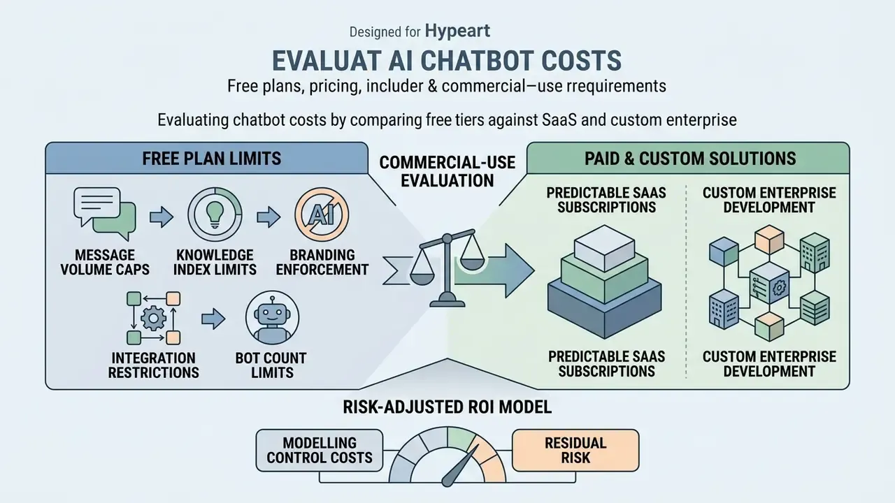 Comparison of free AI chatbot plan limits against paid SaaS subscriptions and custom development costs