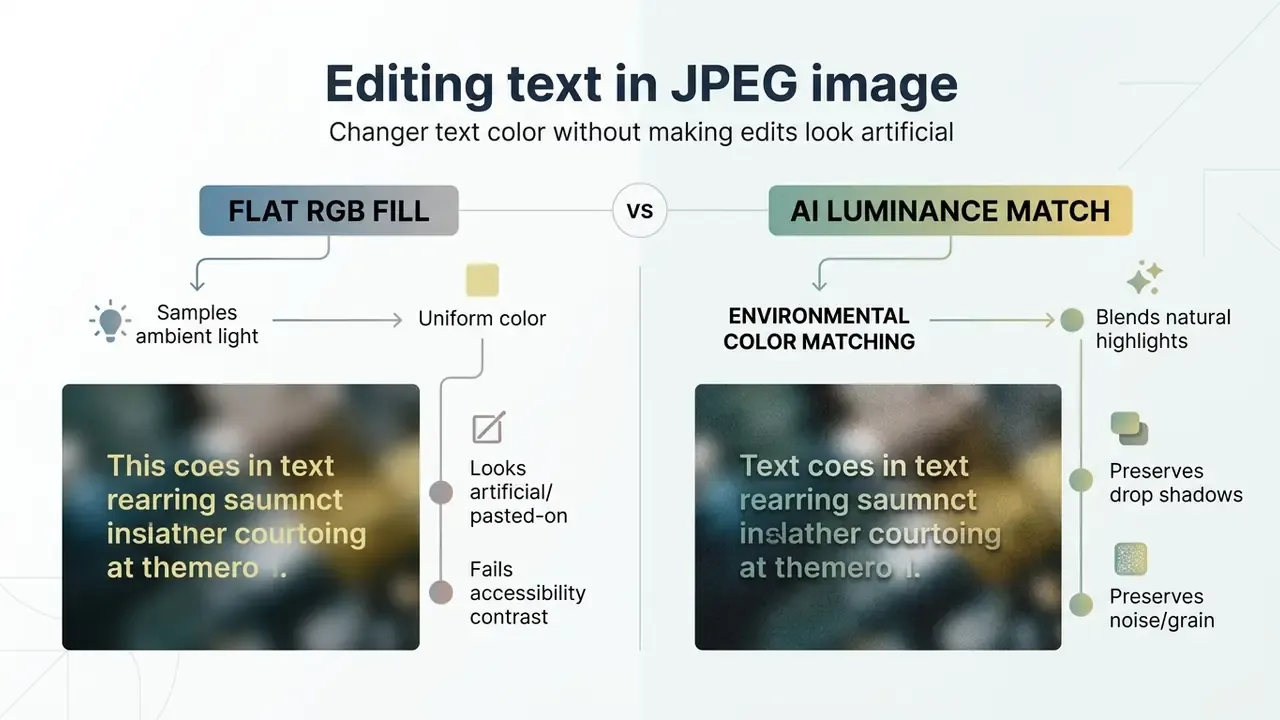 Comparison between flat RGB fill and AI luminance match methods for editing text in a JPEG image