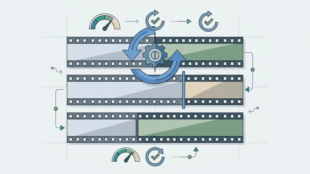 Two video clips on a timeline with a gear icon and circular arrows indicating a roll edit adjustment