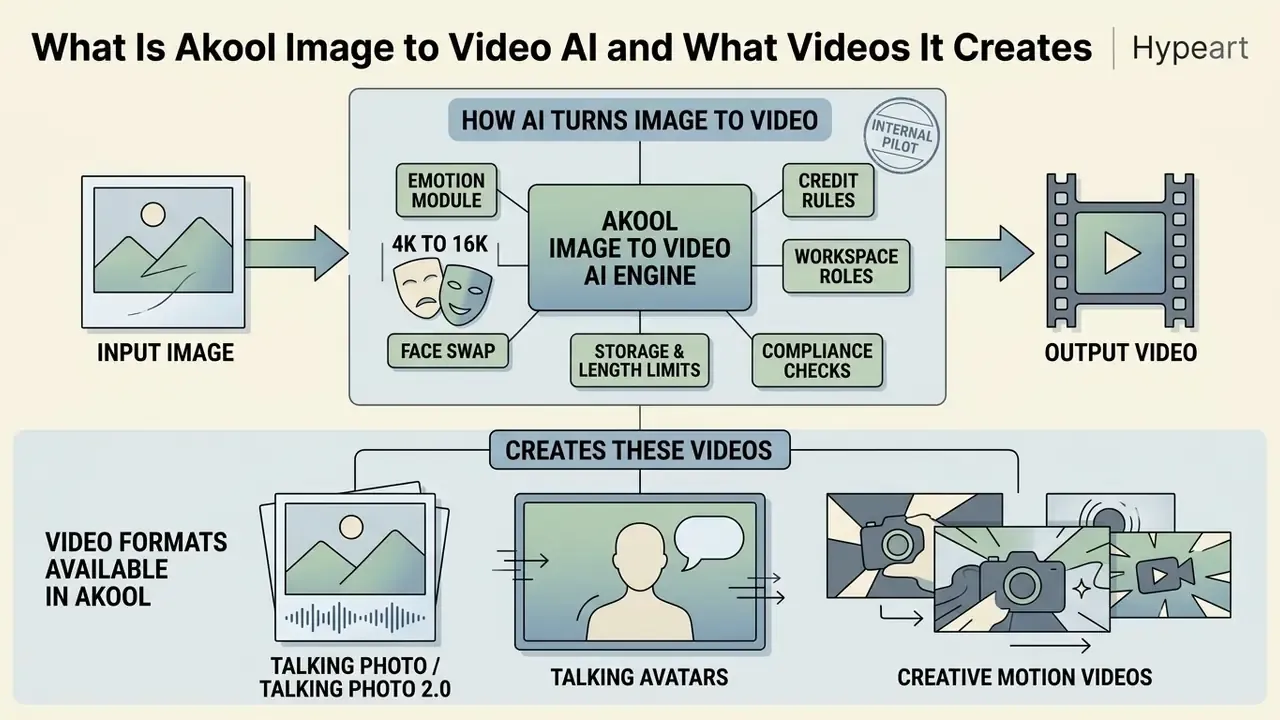 Infographic showing how the Akool AI engine processes input images into talking avatars and motion videos