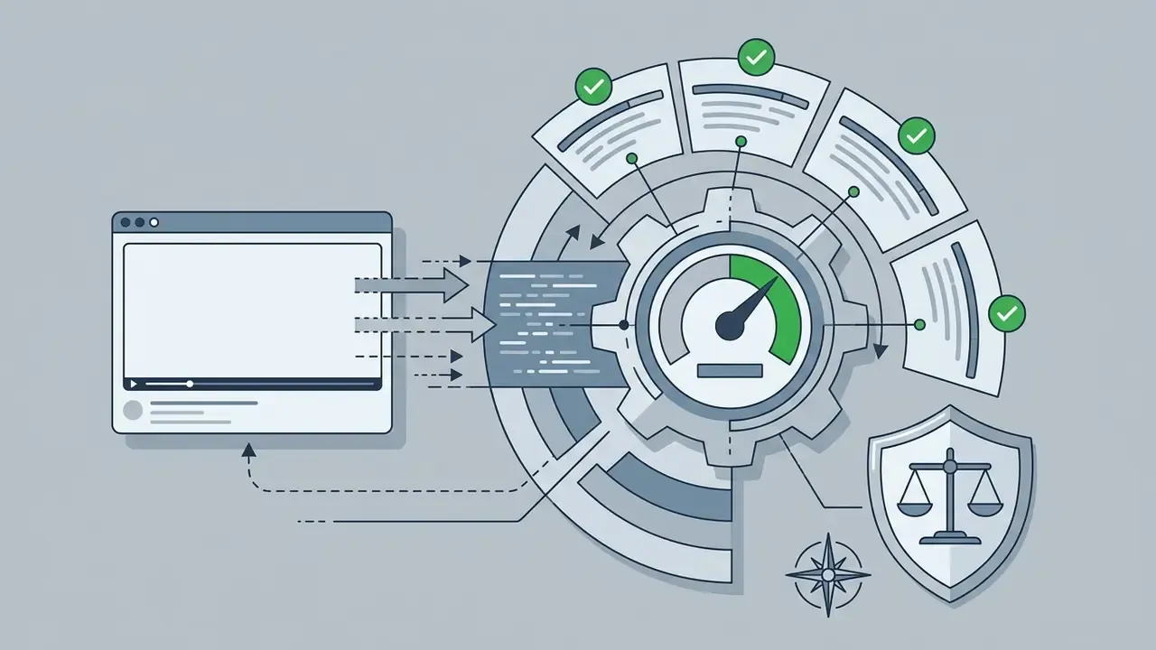 Video content flowing into a gear mechanism that evaluates accuracy and provides validated outputs