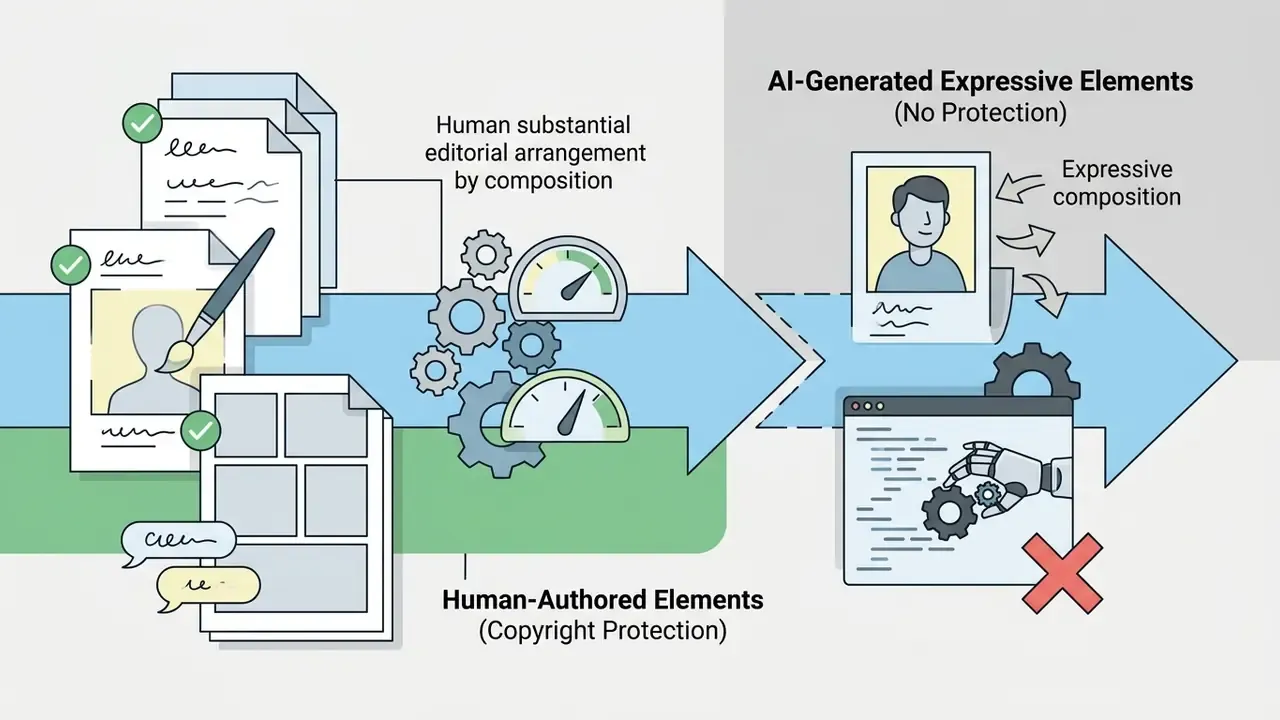 Comparison of human-authored creative elements versus AI-generated content lacking copyright protection