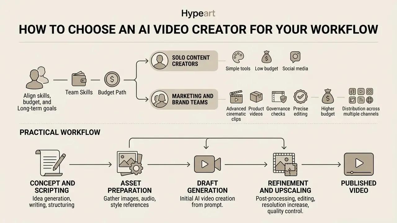 Flowchart mapping decision paths for creators and a sequential workflow for AI video production