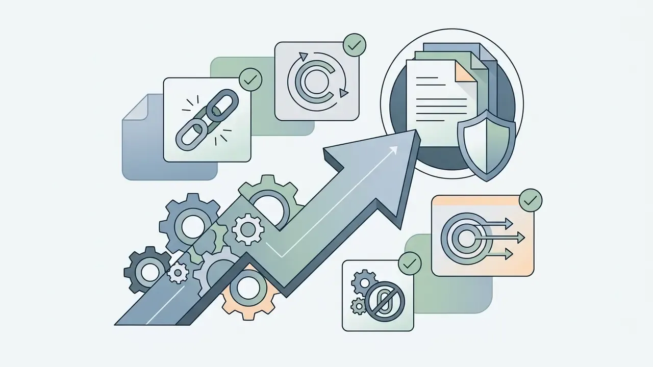 Upward arrow and gears representing corporate compliance icons for API access and data governance
