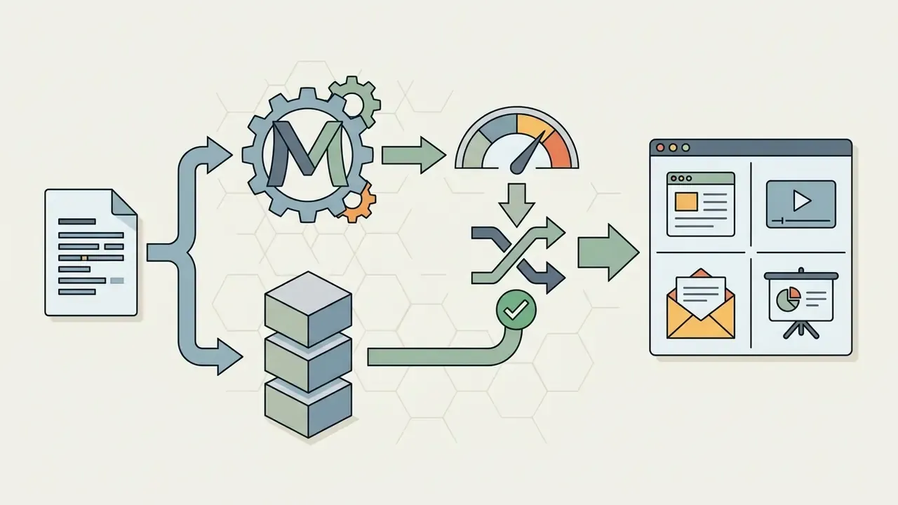 Document content feeding into a gear mechanism and database to produce varied digital media formats