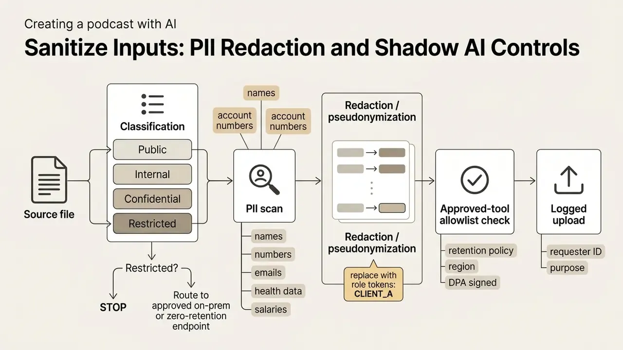 Flowchart detailing data classification, PII scanning, redaction, and secure tool approval steps