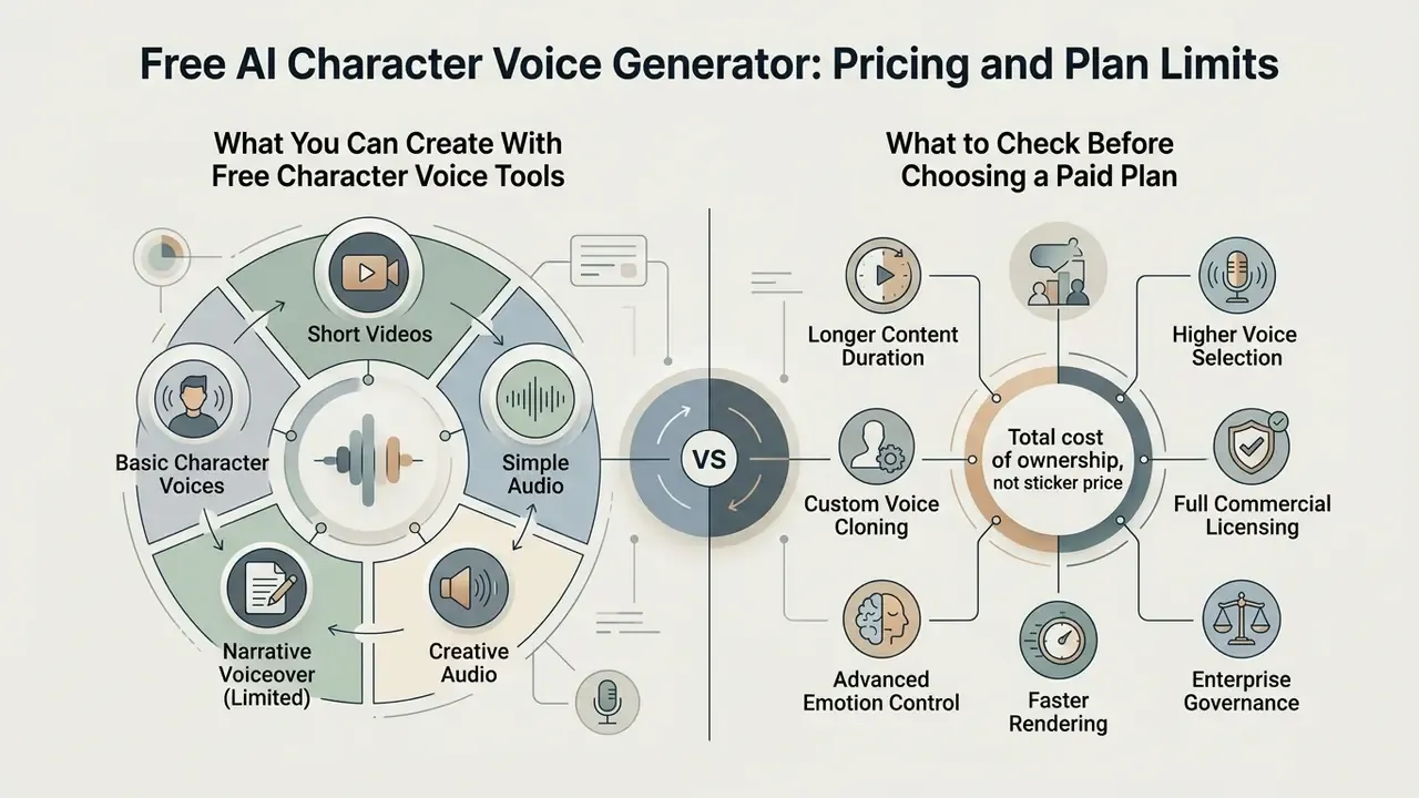 Comparison of free tool capabilities versus paid plan features for synthetic voice production