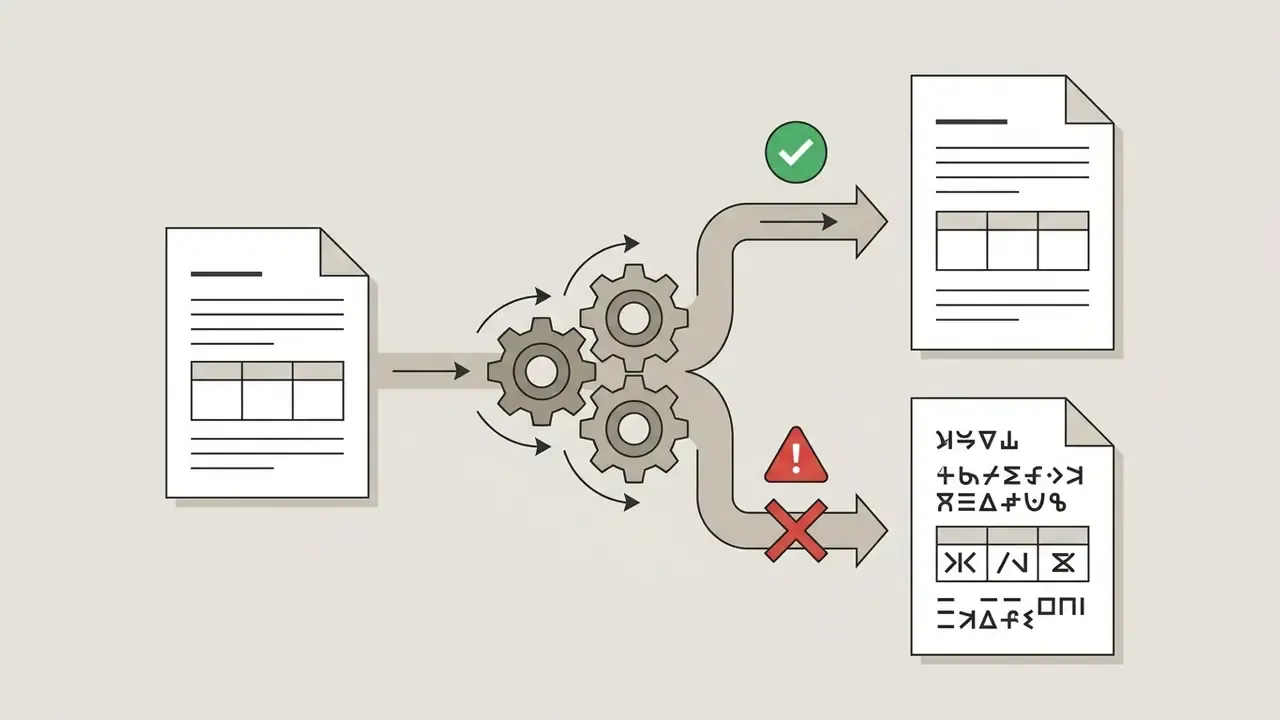 Document processing showing successful output versus garbled text artifacts after gear-based transformation