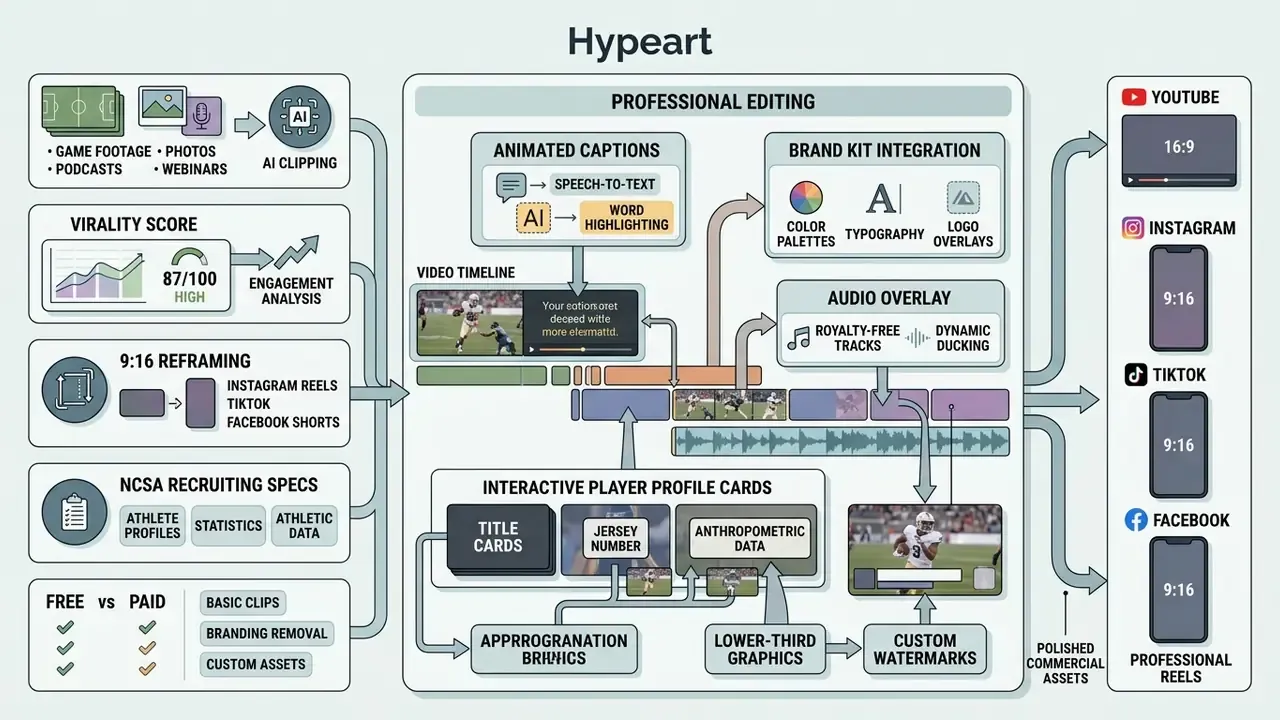 Infographic showing how a highlight video maker processes raw media into branded social media content
