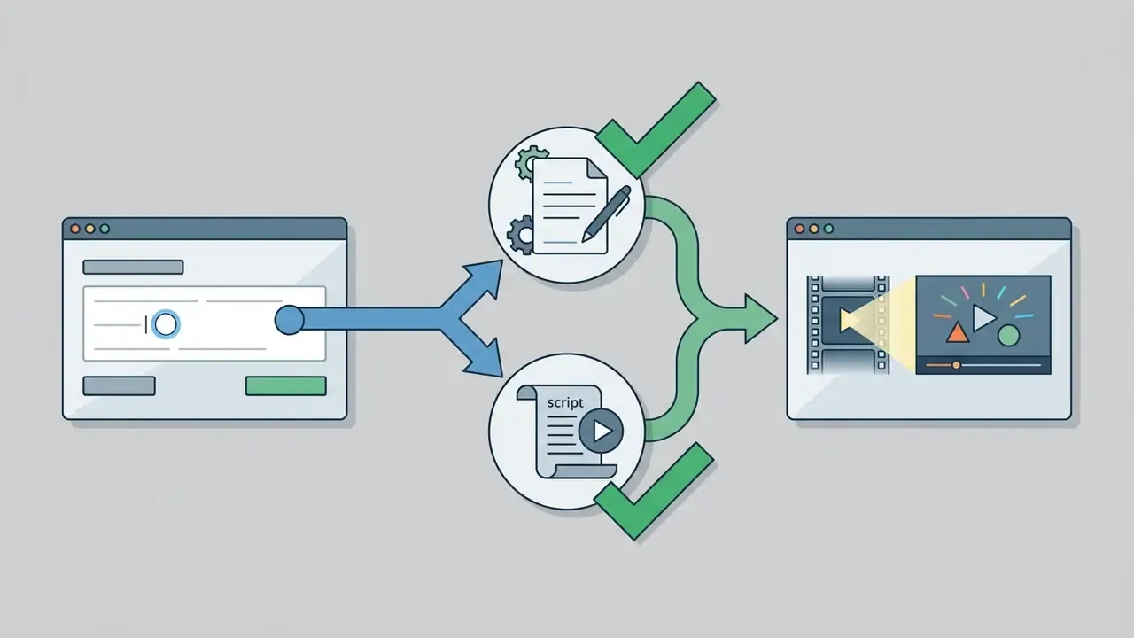 Process showing a prompt input splitting into either a written brief or a script to generate a video