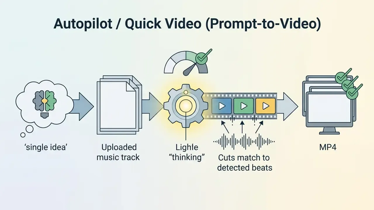 Diagram showing a single idea and music track being processed into a finished MP4 video file