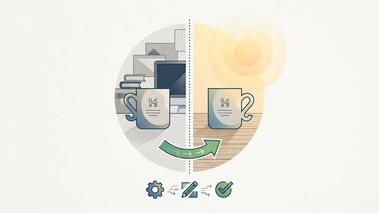 Split view showing a coffee mug background being replaced by a sunlit desk via AI image editing tools