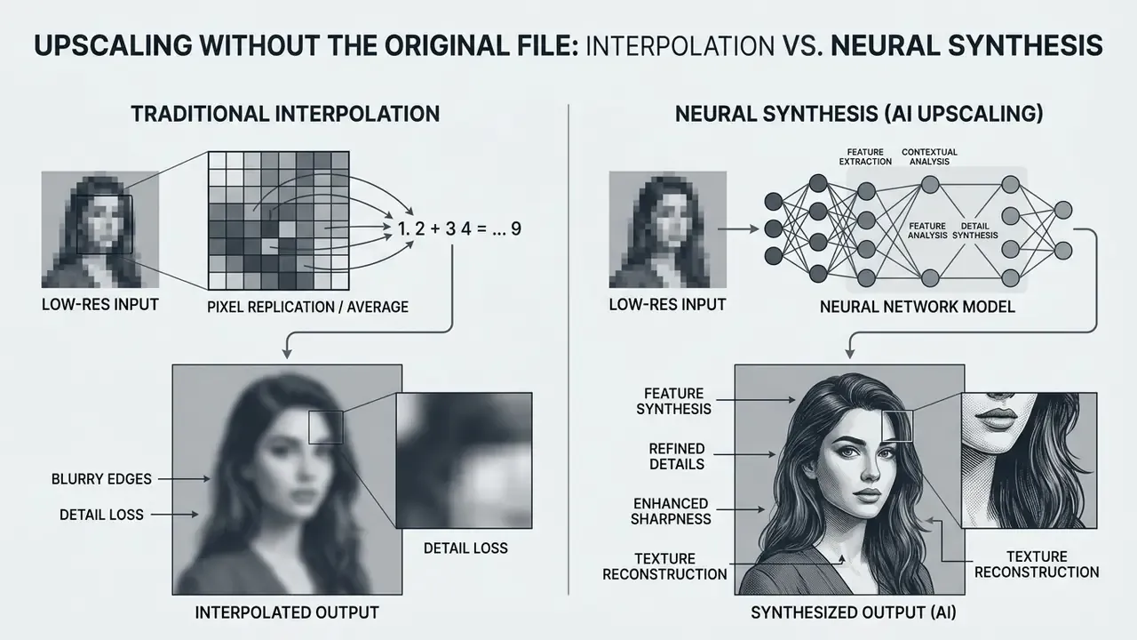 Comparison diagram showing traditional pixel interpolation versus AI neural network upscaling methods