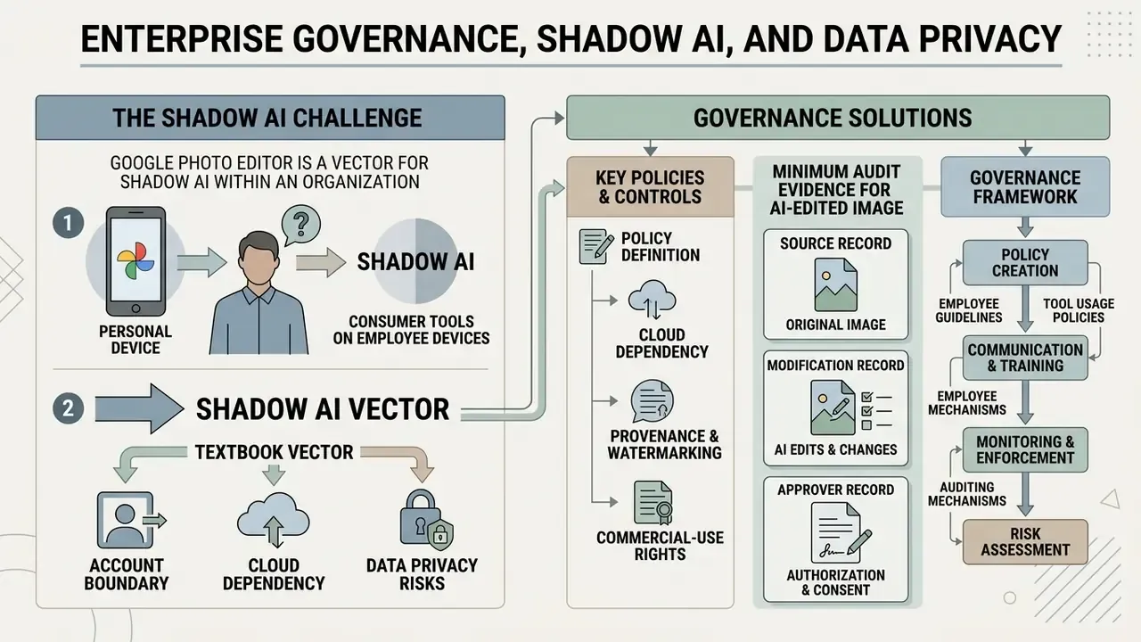 Infographic mapping shadow AI risks from personal device usage to corporate governance and audit frameworks