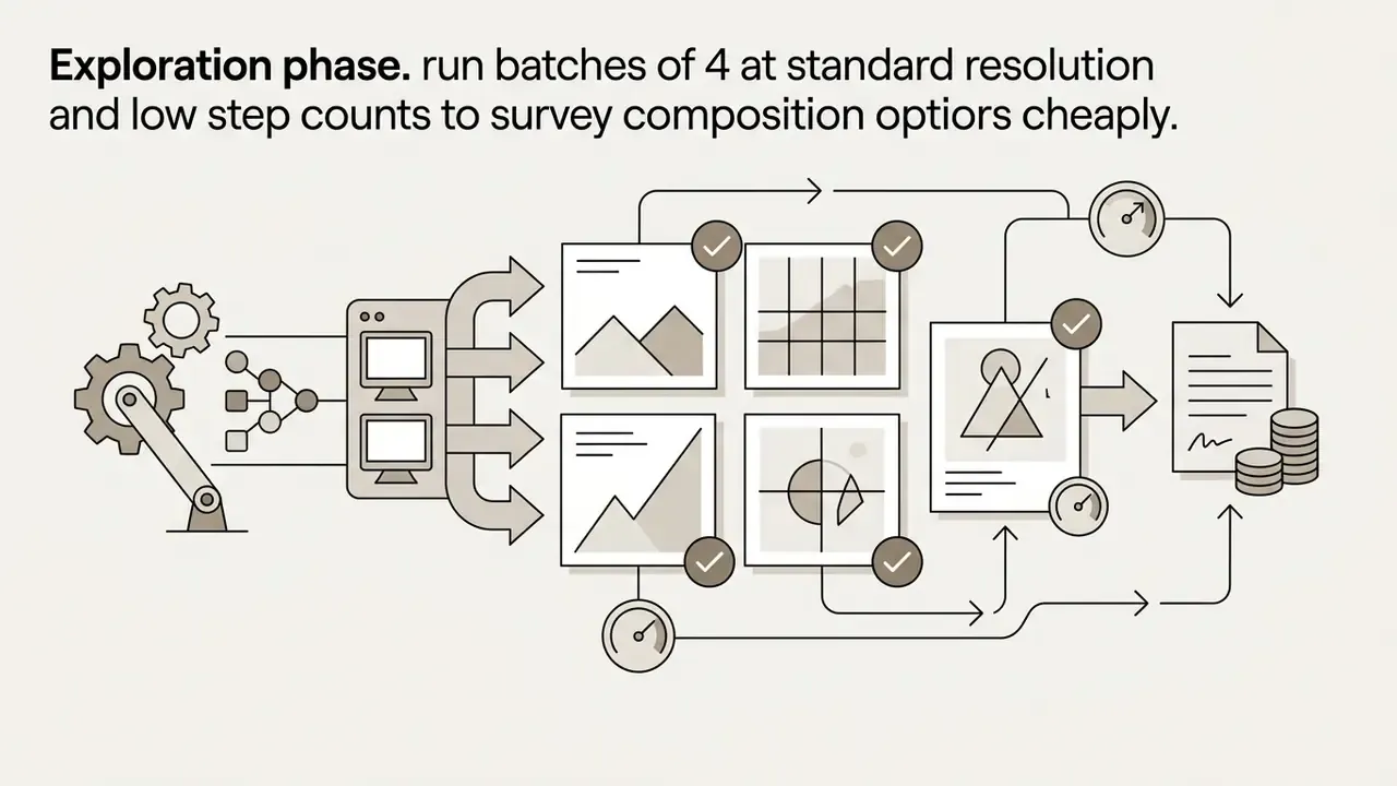 Process map showing a computer generating four image variations to refine composition and save resources