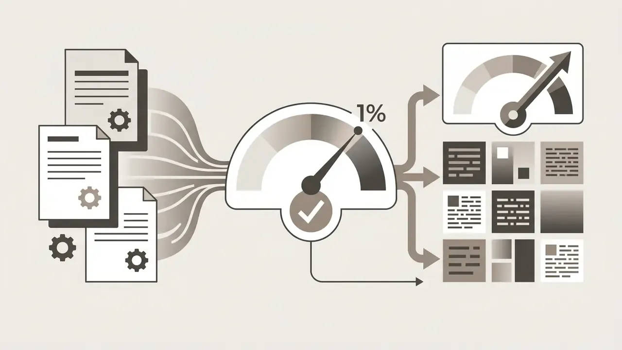 Files flowing into a gauge set to 1 percent that outputs data to a dashboard and grid of document previews