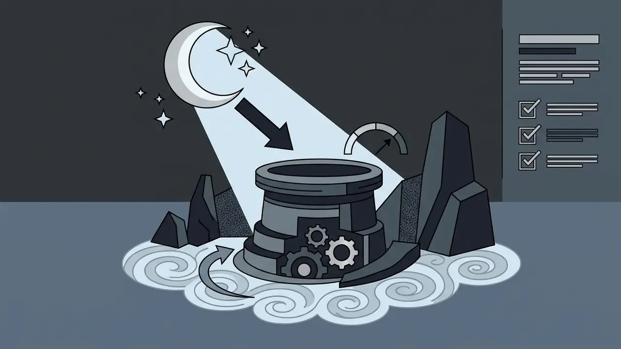 Moonlight shining on an old stone well with gears and swirling water surrounded by rocky cliffs