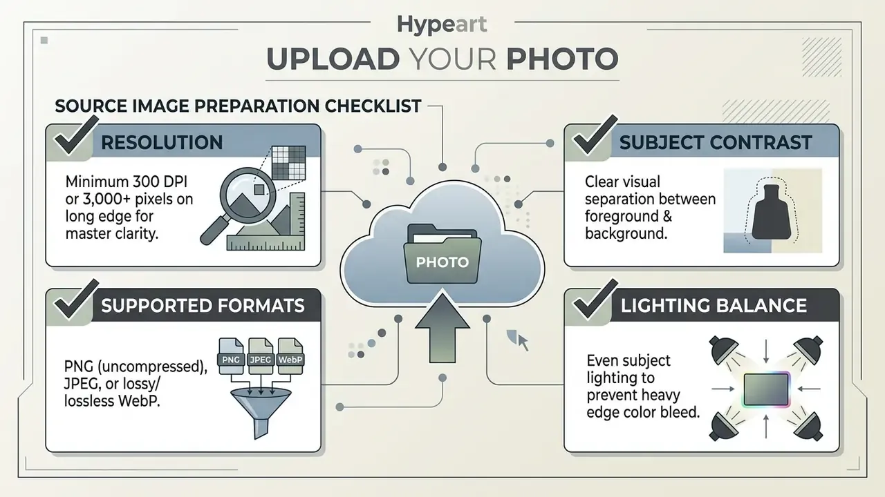 Checklist showing requirements for resolution, subject contrast, file formats, and lighting for photo uploads
