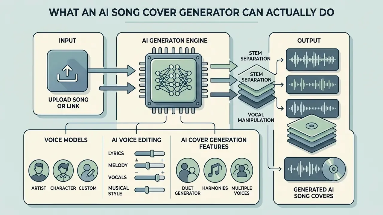 Infographic showing audio input, AI engine processing, and output features of an AI song cover generator