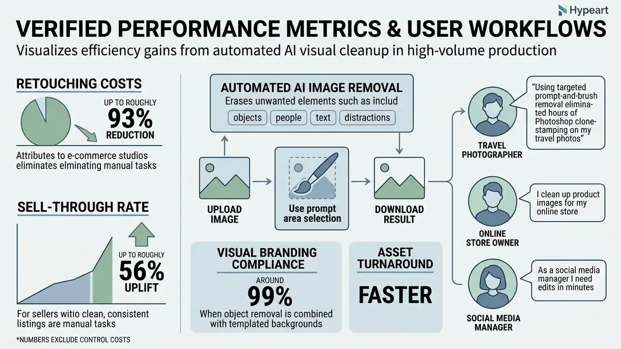 Charts and workflow steps showing efficiency gains and user testimonials for automated image editing