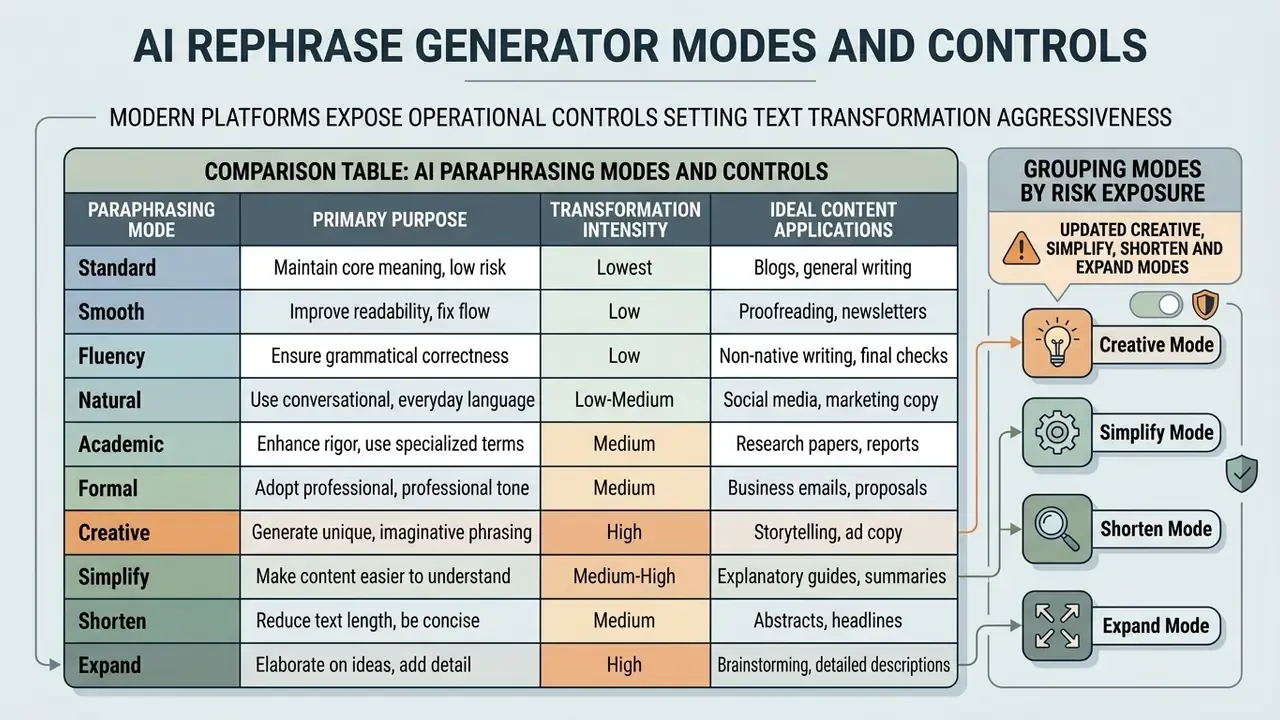 Comparison table detailing AI rephrase generator modes, transformation intensity, and content applications