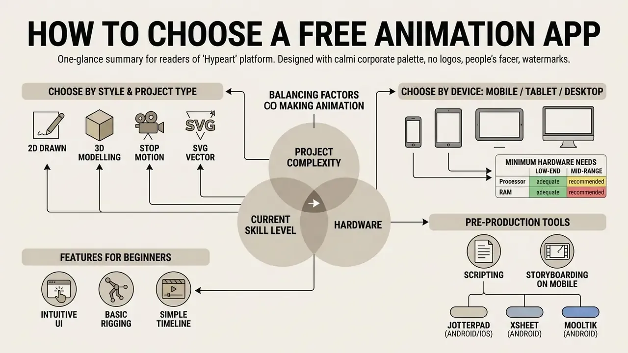 Infographic showing how to balance project complexity, skill level, and hardware when picking animation apps