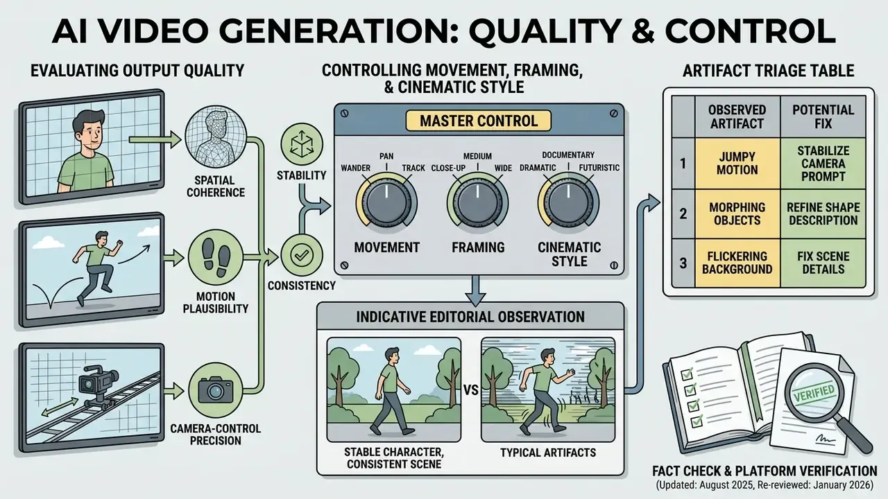Infographic showing methods for evaluating output quality, controlling camera movement, and fixing artifacts