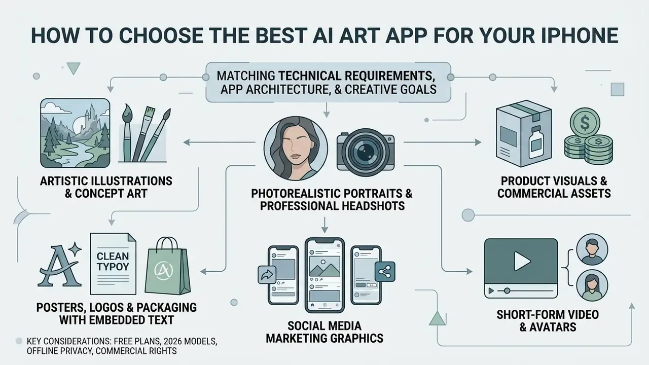 Flowchart mapping creative goals like portraits and product visuals to select an AI art app for iPhone